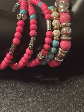 Pink and Blue Stone Beaded Stackable Bracelets with Silver Accents